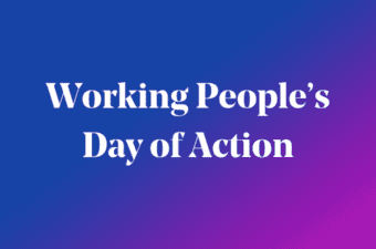 Working People's Day of Action writing on blue background