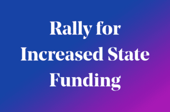 Rally for Increased State Funding words on blue background