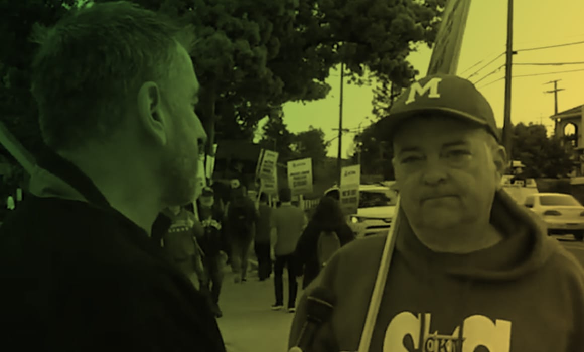 CTA President Eric Heins interviews a striking McClatchy teacher during Sacramento City Teachers Association One Day Strike.