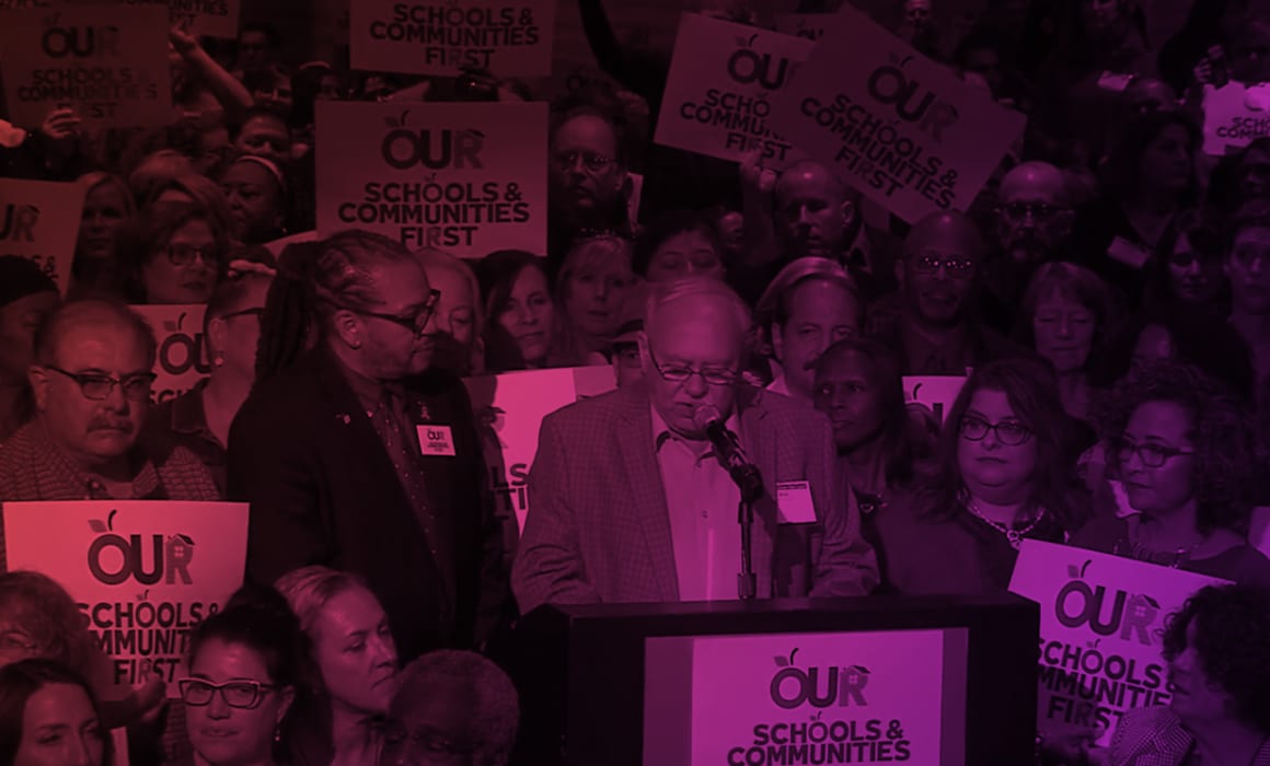 Bob Schoonover, of SEIU CA, speaks at the Schools & Communities First Kickoff Press Conference.