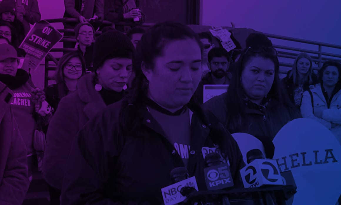 A Roots International Academy teacher speaks on the second day of the Oakland Education Association Strike.