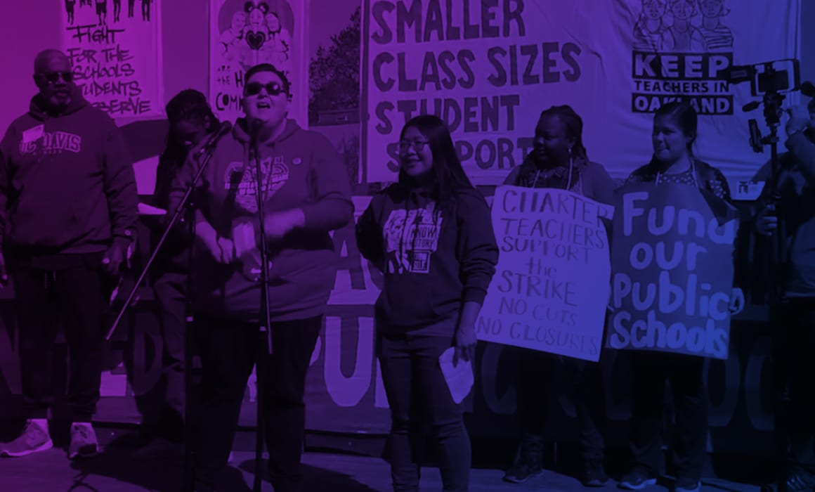 An OEA Charter School teacher speaks at the Oakland Education Association Strike Rally on Day 2 of the OEA strike