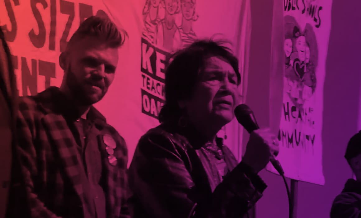 Activist Dolores Huerta speaks at the Oakland Education Association rally on day 2 of the OEA strike