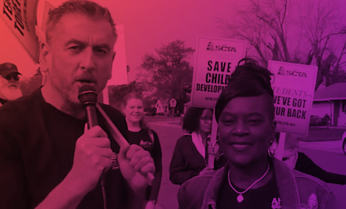 CTA President Eric Heins interviews striking teacher Anelia Brye-Jones on the strike line during Sacramento City Teachers Association/s One Day Strike.