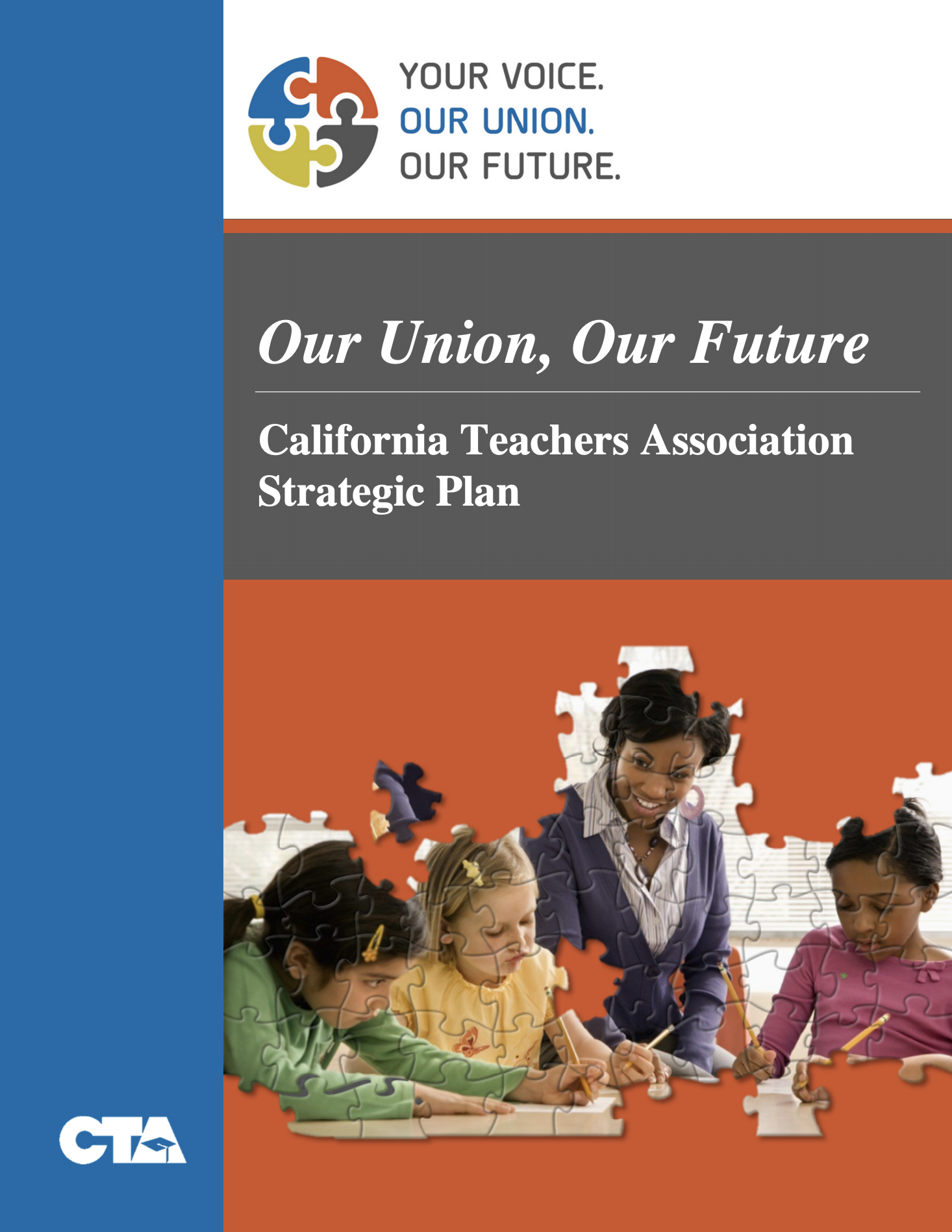 Cover of CTA's Strategic plan, teacher with three students