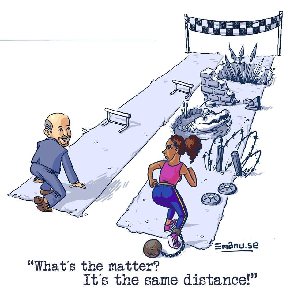 A cartoon depiction of a white man and a woman of color set to start a race to a finish line. The woman's path is covered in obstacles and she has a weight on her right leg, while the man's only has two. The caption reads "What's the matter? It's the same distance!" 