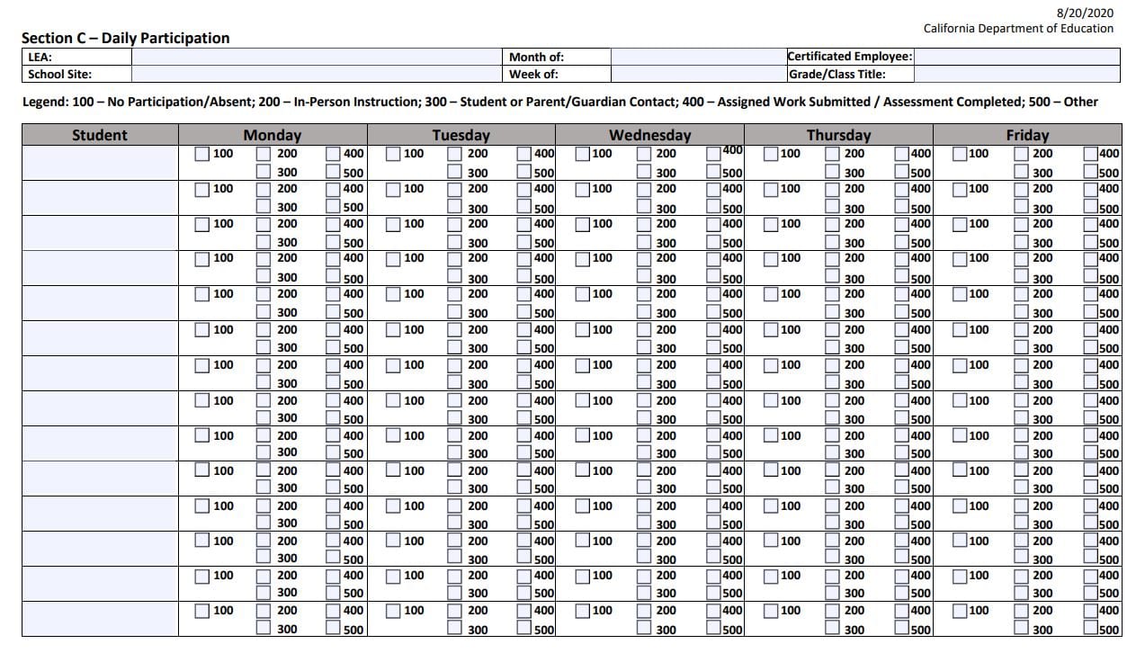 Another page from the combined Daily Participation & Weekly Engagement template from the CDE.