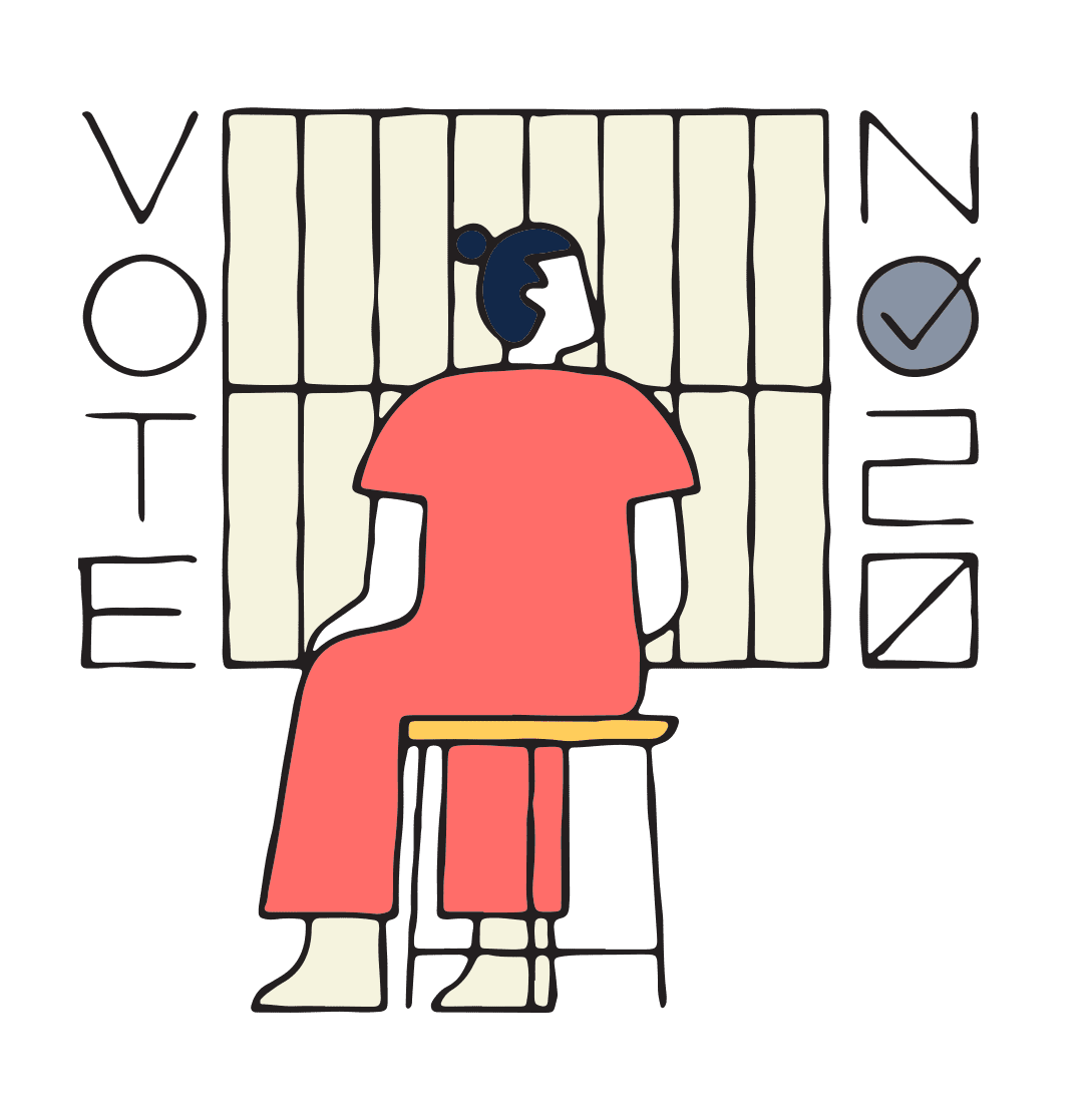 Illustration of person sitting on stool behind a row of bars with the words Vote No 20 framing the bars.