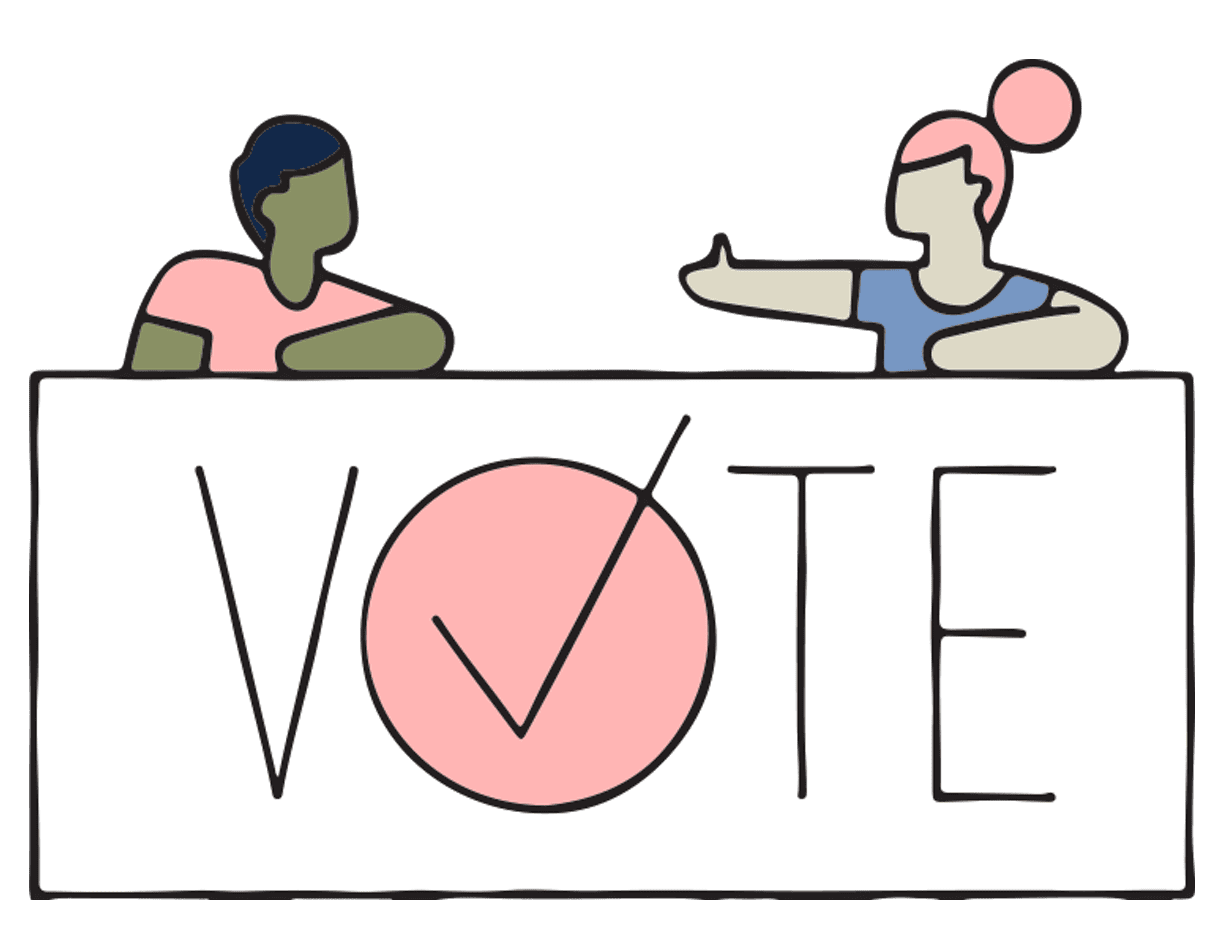 Illustration of two people standing behind sign that reads VOTE