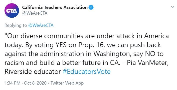 Text of tweet supporting Proposition 16