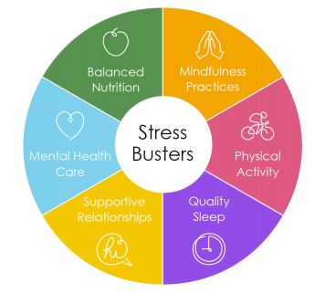 chart of stress busters: supportive relationships, mental health care, balanced nutrition, mindfulness, physical activity, quality sleep