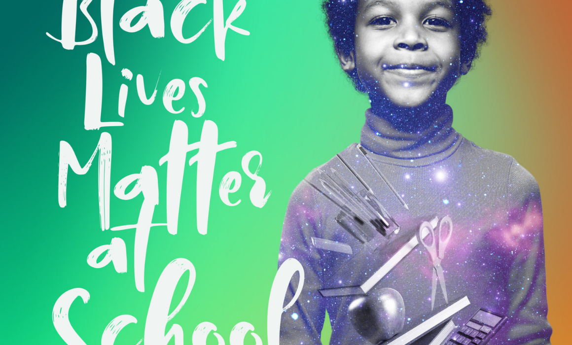 A young child smiles at the camera with green and red gradient overlay with the words: Black Lives Matter at School and NEA EdJustice