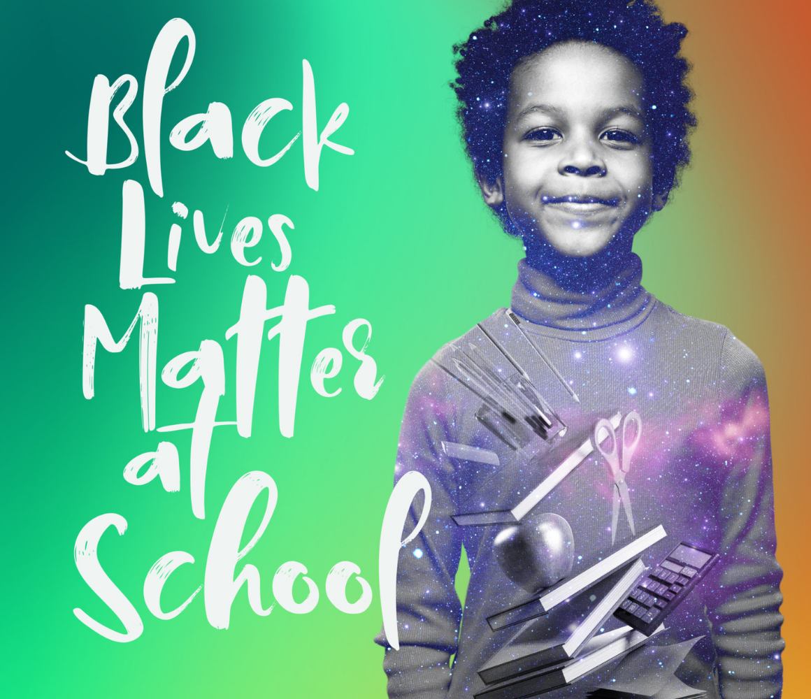 A young child smiles at the camera with green and red gradient overlay with the words: Black Lives Matter at School and NEA EdJustice