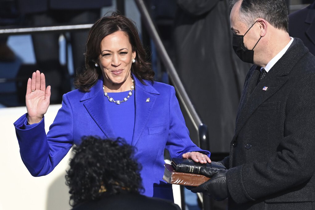 Vice President Harris is sworn in by Justice Sonia Sotomayor, with second gentleman Doug Emhoff holding the Bibles.
