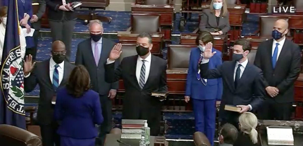 Vice President Harris gives the oath of office to Sens. Raphael Warnock of Georgia, Alex Padilla of California, and Jon Ossoff of Georgia.