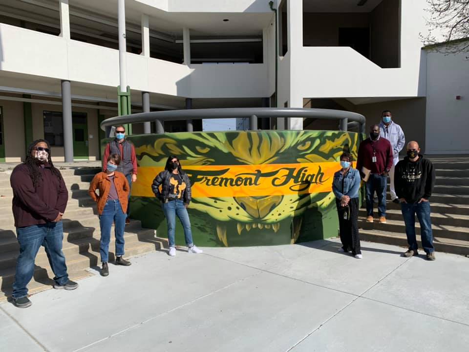 Fremont High School safety walkthrough with Garcia, Co-Principal Rivera, OEA President Keith Brown, OEA school site representative Shelby Ziesing, and staff from the Oakland Unified School District. 
