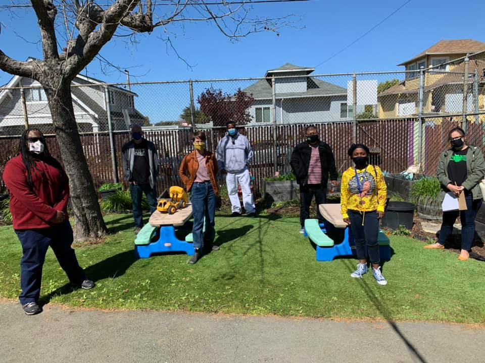 Manzanita SEED safety walkthrough with school site Safety Lead and librarian extraordinaire Mr. Todd Davis, Building Trades Council Chief Steward David Hunter, Oakland Unified School District Director Hutchinson, Manzanita SEED teacher Olivia Udovic, Administrative Assistant Rocio Gutierrez, OEA President Keith Brown, and OEA representatives Ish Armendariz, Chaz Garcia, Shelby Ziesing and Becky Flanigan.