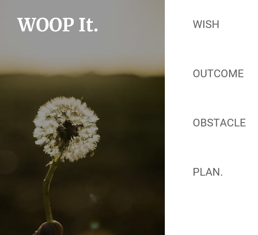 WOOP is a science-based mental strategy that people can use to find and fulfill their wishes, set preferences, and change their habits. 