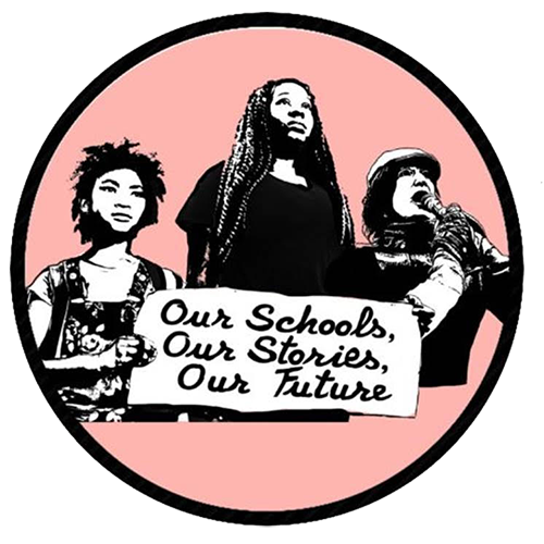 People holding sign "Our schools, our stories, our future."