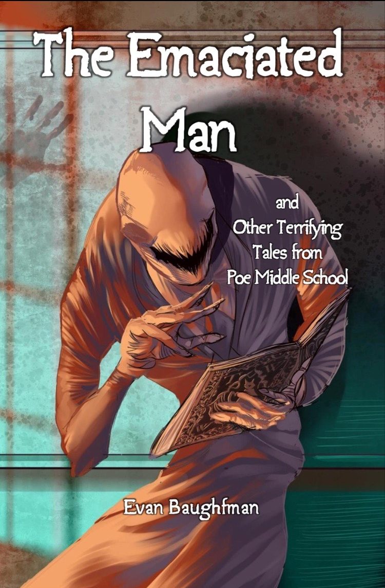 Cover of The Emaciated Man with monster reading book