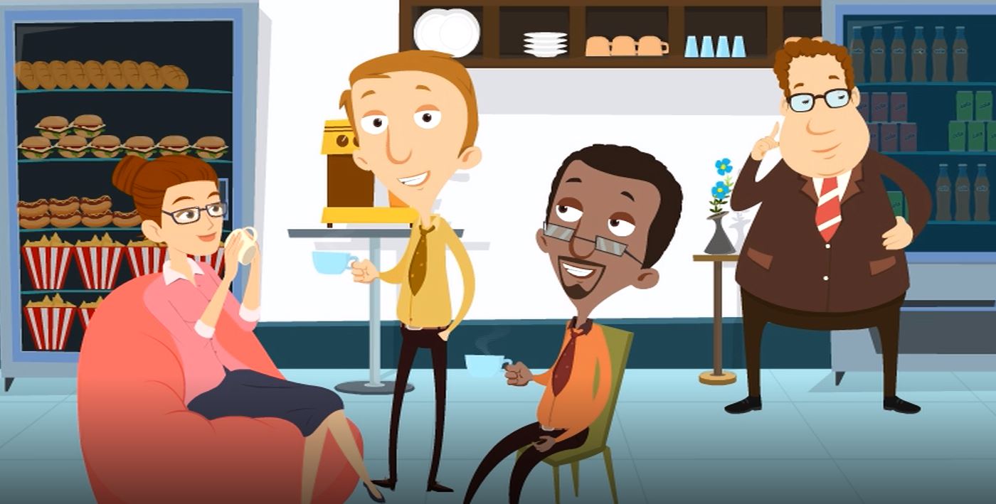 Scene of teachers lounge from animated video.