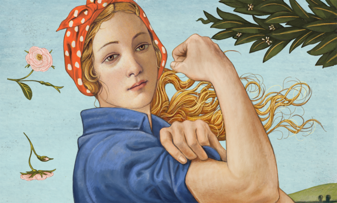 Renaissance-style image of a woman rolling up her sleeves like Rosie the Riveter