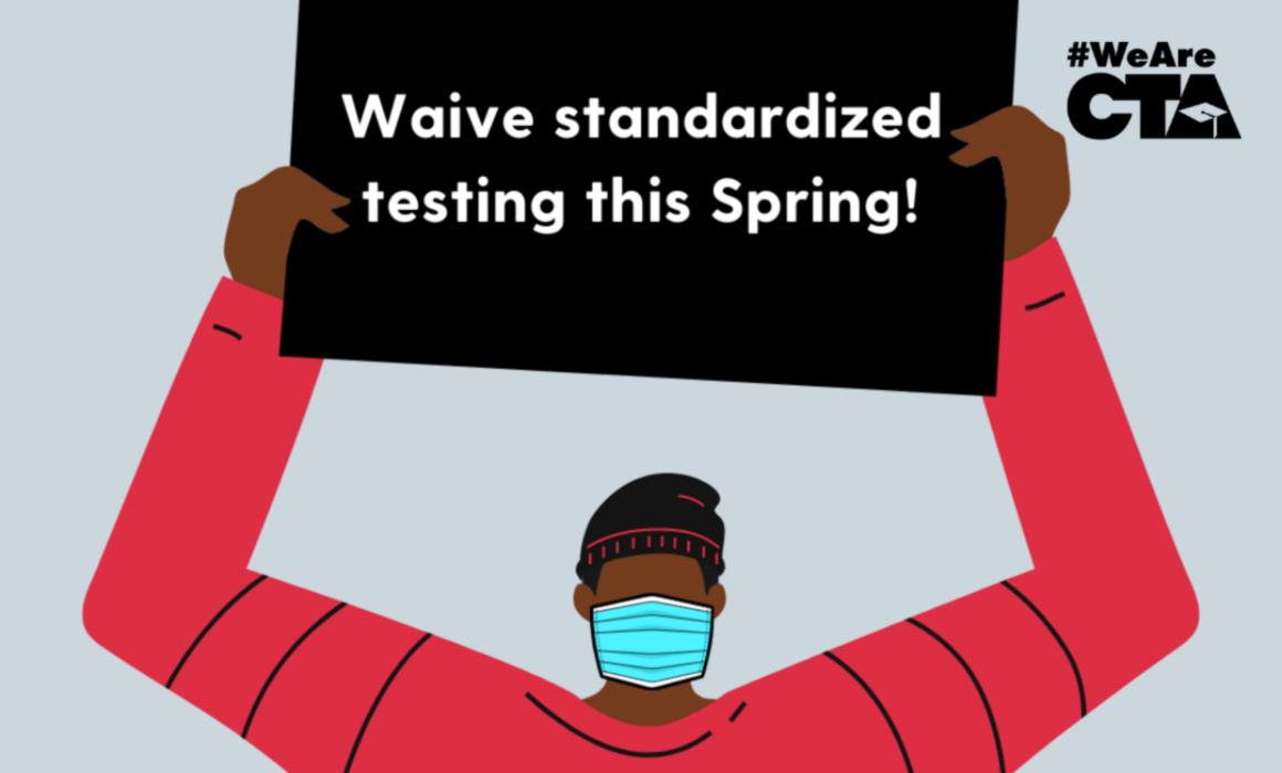 Graphic showing a man holding a sign urging a waiver of standardized testing