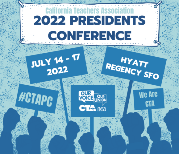 Flyer for the 2022 Presidents Conference featuring members holding up picket signs