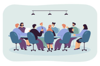 Illustration of people sitting around conference table