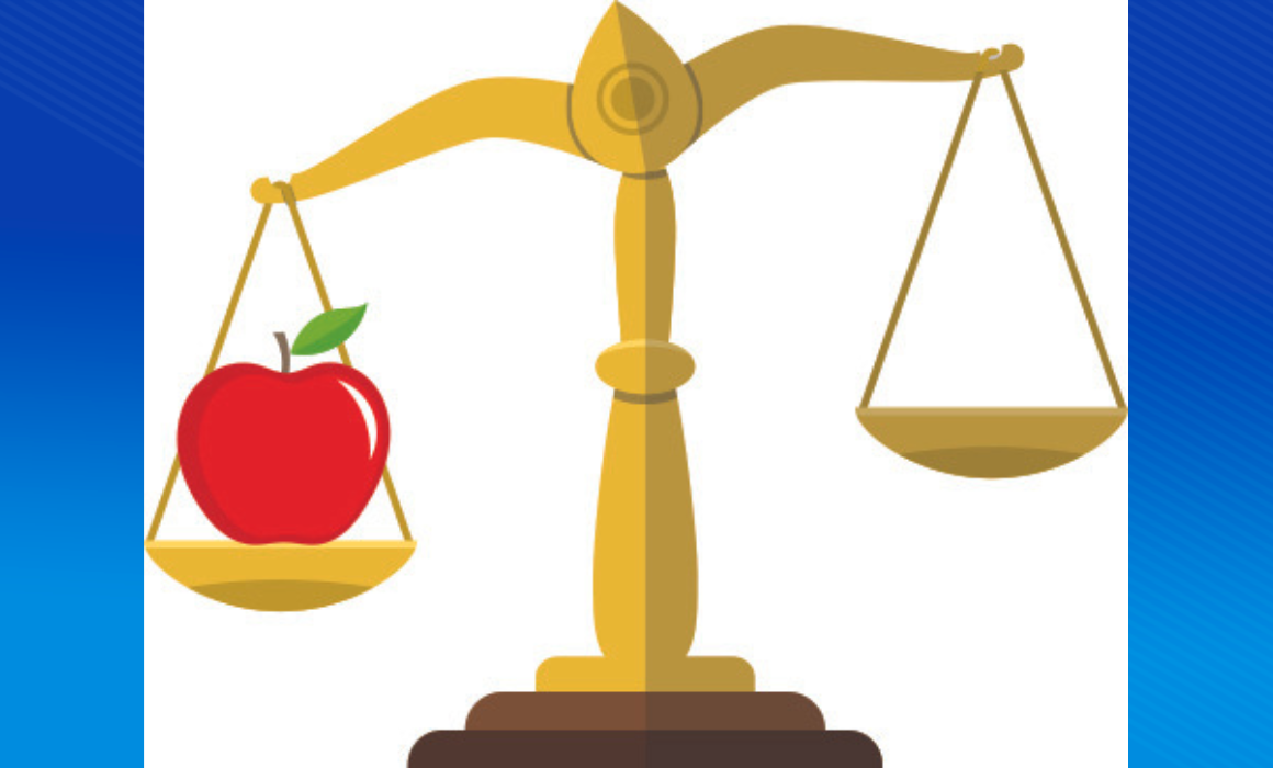 Image of the Scales of Justice with a red apple on the left scale.