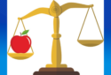 Image of the Scales of Justice with a red apple on the left scale.