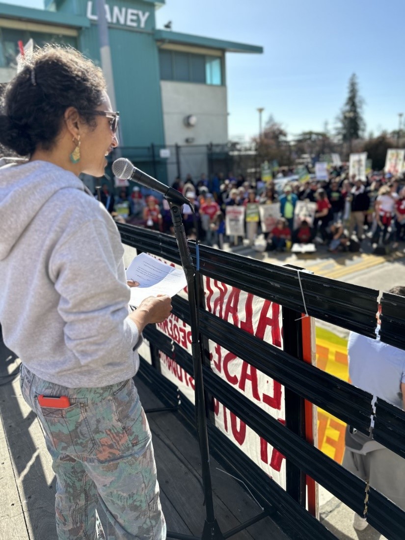 Samia Khattab addressing the crowd during a rally on day five of the ULP strike. 