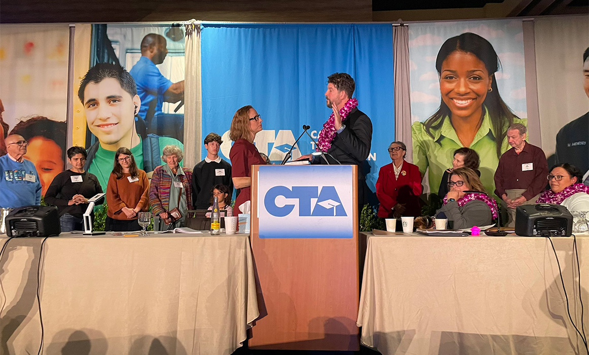An image of David Goldberg being installed as CTA President at the CTA May 2023 State Council of Education.