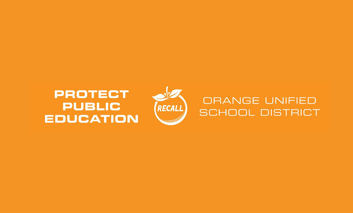 A photo of the following text in front of an orange colored background: Protect Public Education. Orange Unified School District.