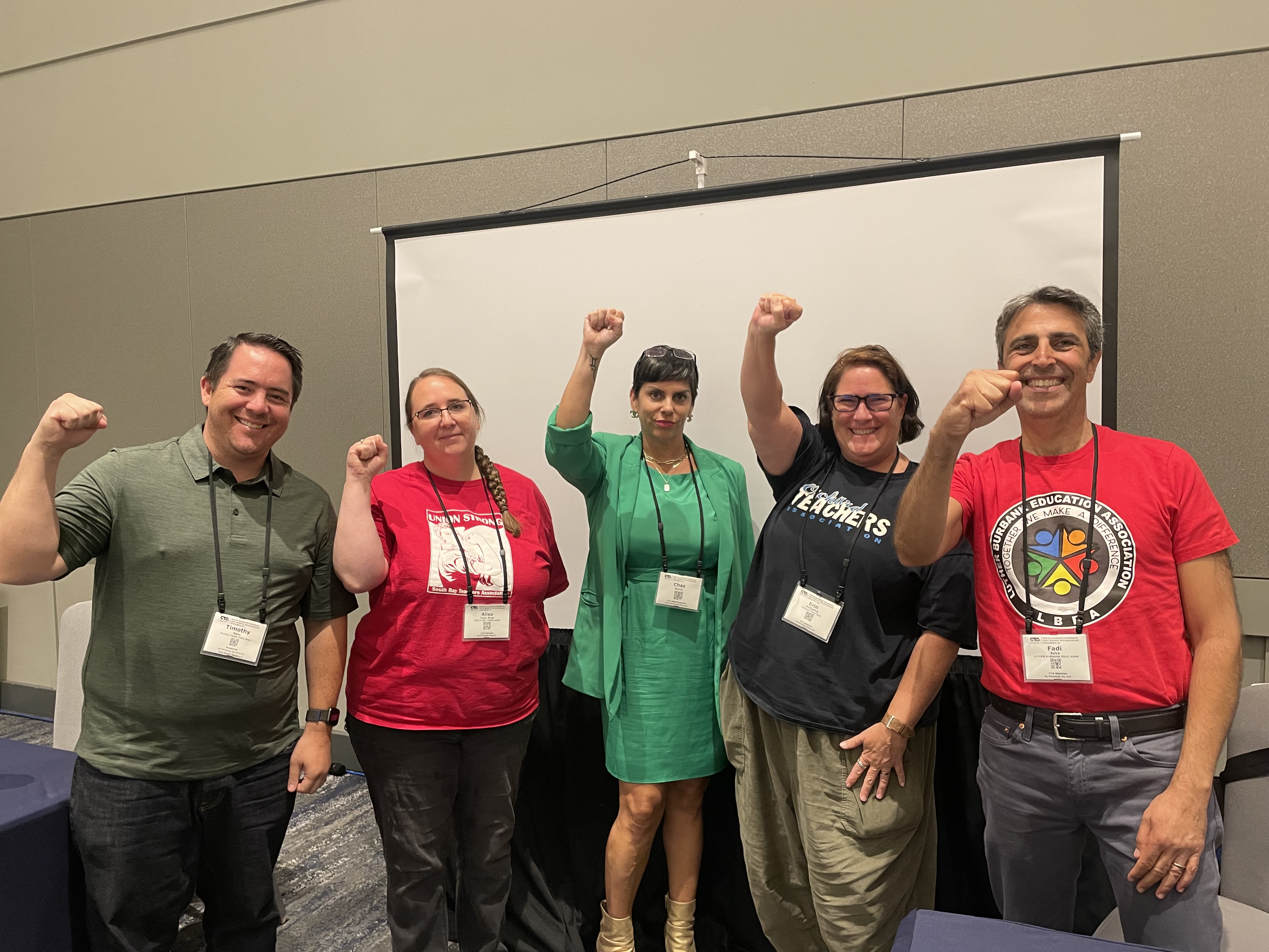 Panel: Small and Mighty Chapters - From left to right presenters: Timothy Sato (President, Portola Valley TA), Alisa Coan Ross (Bargaining Chair, South Bay TA), Chaz Garcia (CTA Staff), Eric McCarty (President, Orchard TA) and Fadi Saba (President, Luther Burbank TA)