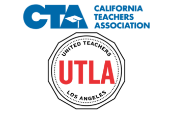 A photo of the California Teachers logo placed above the United Teachers Los Angeles logo.