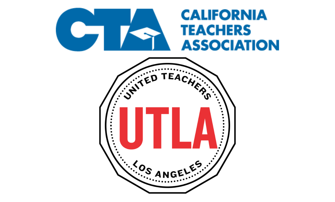 A photo of the California Teachers logo placed above the United Teachers Los Angeles logo.