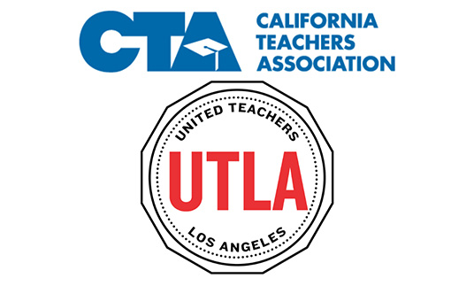 A photo of the California Teachers logo placed above the United Teachers Los Angeles logo.