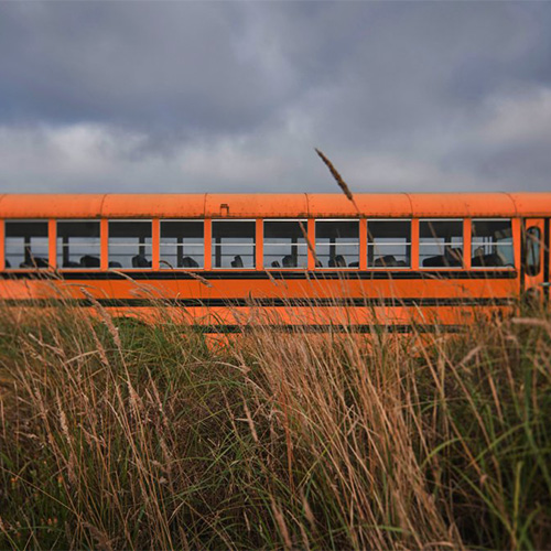 Photo of a yellow school bus in a field of grass.