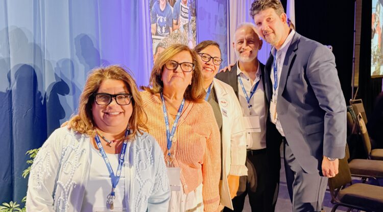 Liz Huerta-Brewster, honored at CTA State Council in April, is second from left. Left to right: CTA Vice President Leslie Littman, CTA Secretary-Treasurer Erika Jones, CTA Executive Director Jeff Good, CTA President David Goldberg.