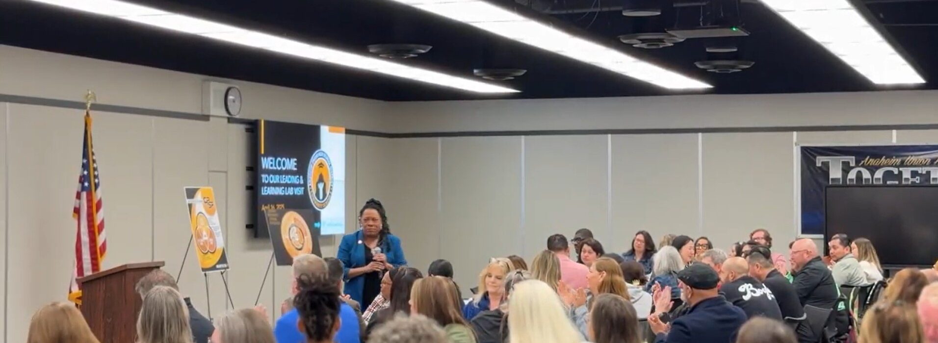 Pringle addressing participants at the National Community Schools Learning Lab in Anaheim in April.
