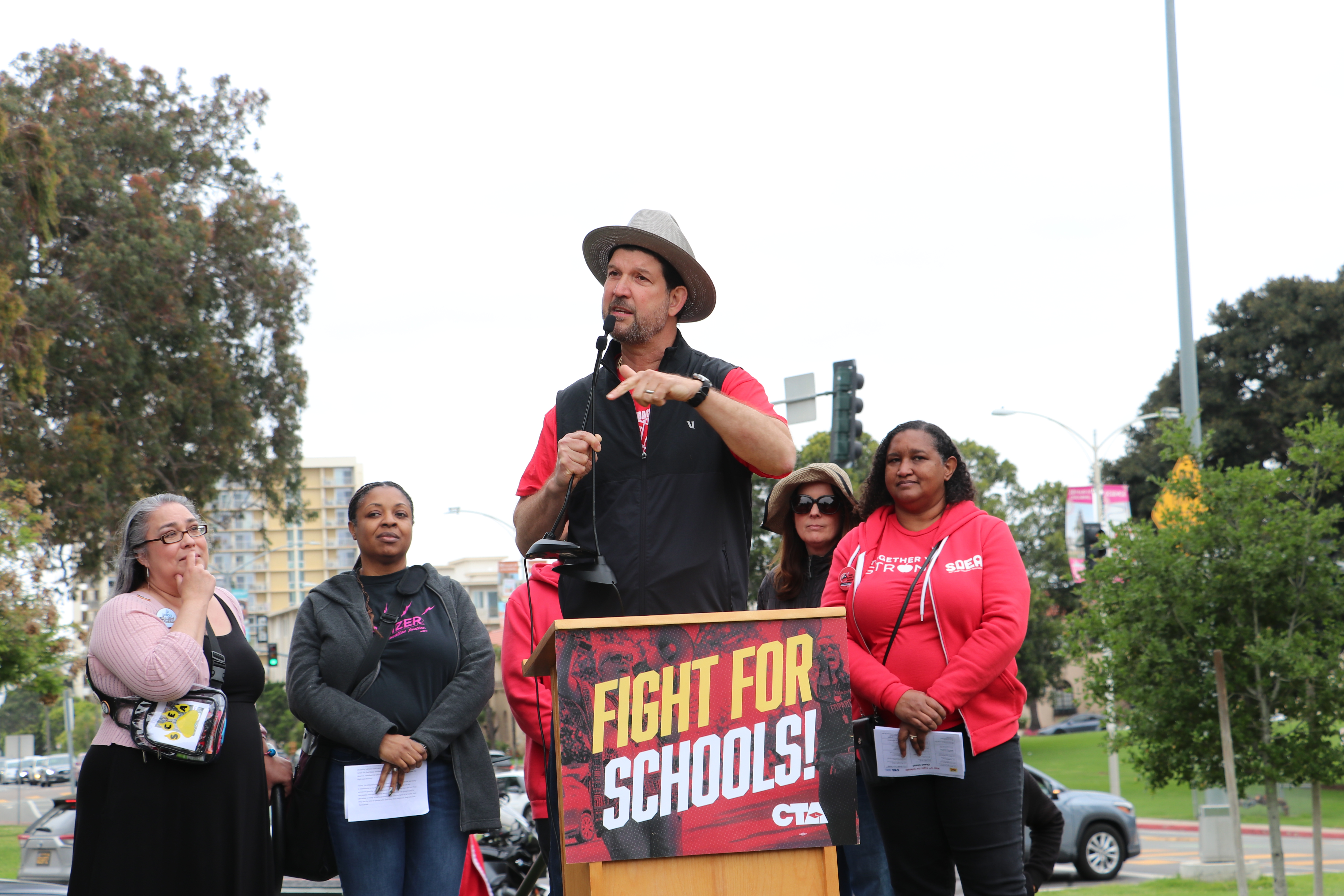 CTA President David Goldberg speaks at the San Diego rally.