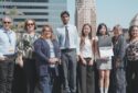 Student journalists from Oxford Academy’s The Gamut were nominated by Anaheim Secondary Teachers Assn. Left to right: ASTA President Geoff Morganstern; Oxford Academy’s Elizabeth Hind; CTA Vice President Leslie Littman; students Nathan Perera, Celine Park and Haley Nguyen; CTA Board Member Angela Der Ramos; CCA President and State Council Communications Chair Randa Wahbe.