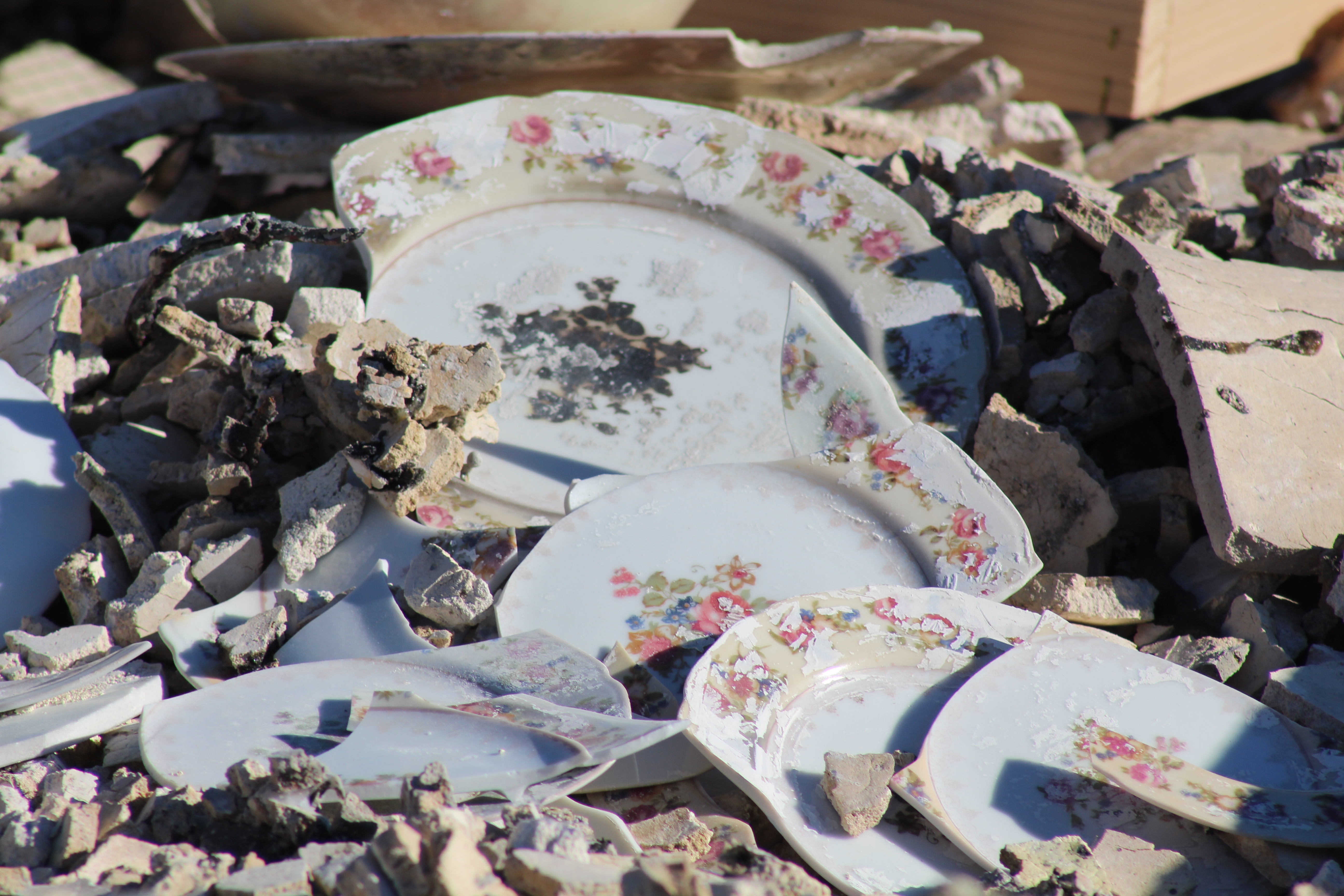 Family china fragments amid ruins of home of teachers Doug and Cati Day.